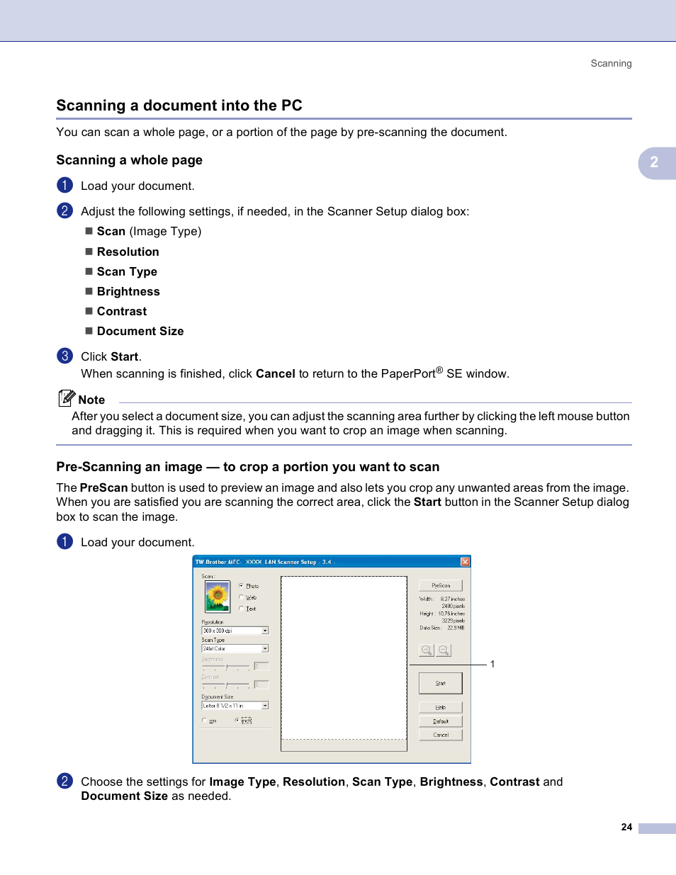 Scanning a document into the pc, 2scanning a document into the pc | Brother MFC-3360C User Manual | Page 30 / 155