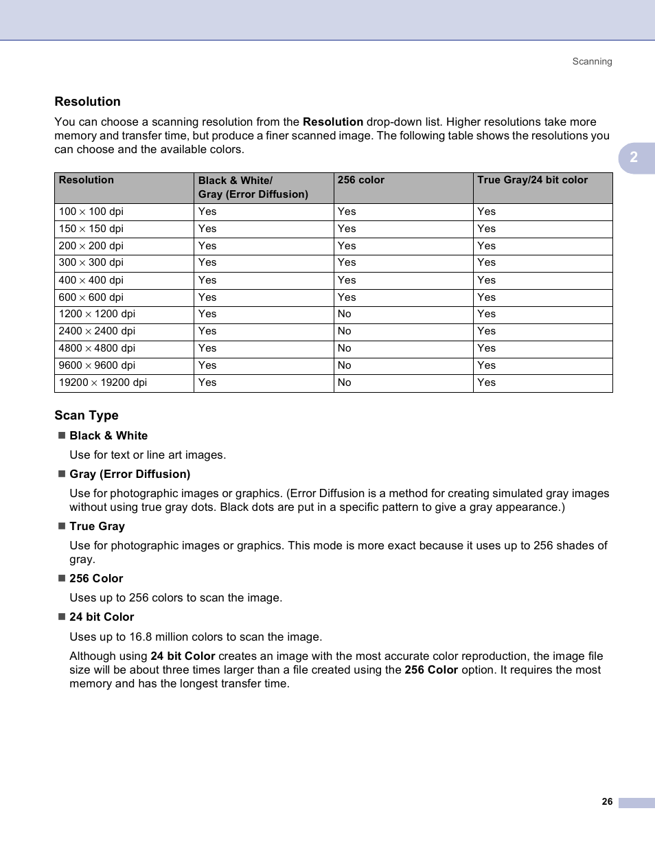Resolution, Scan type | Brother MFC-3360C User Manual | Page 32 / 155