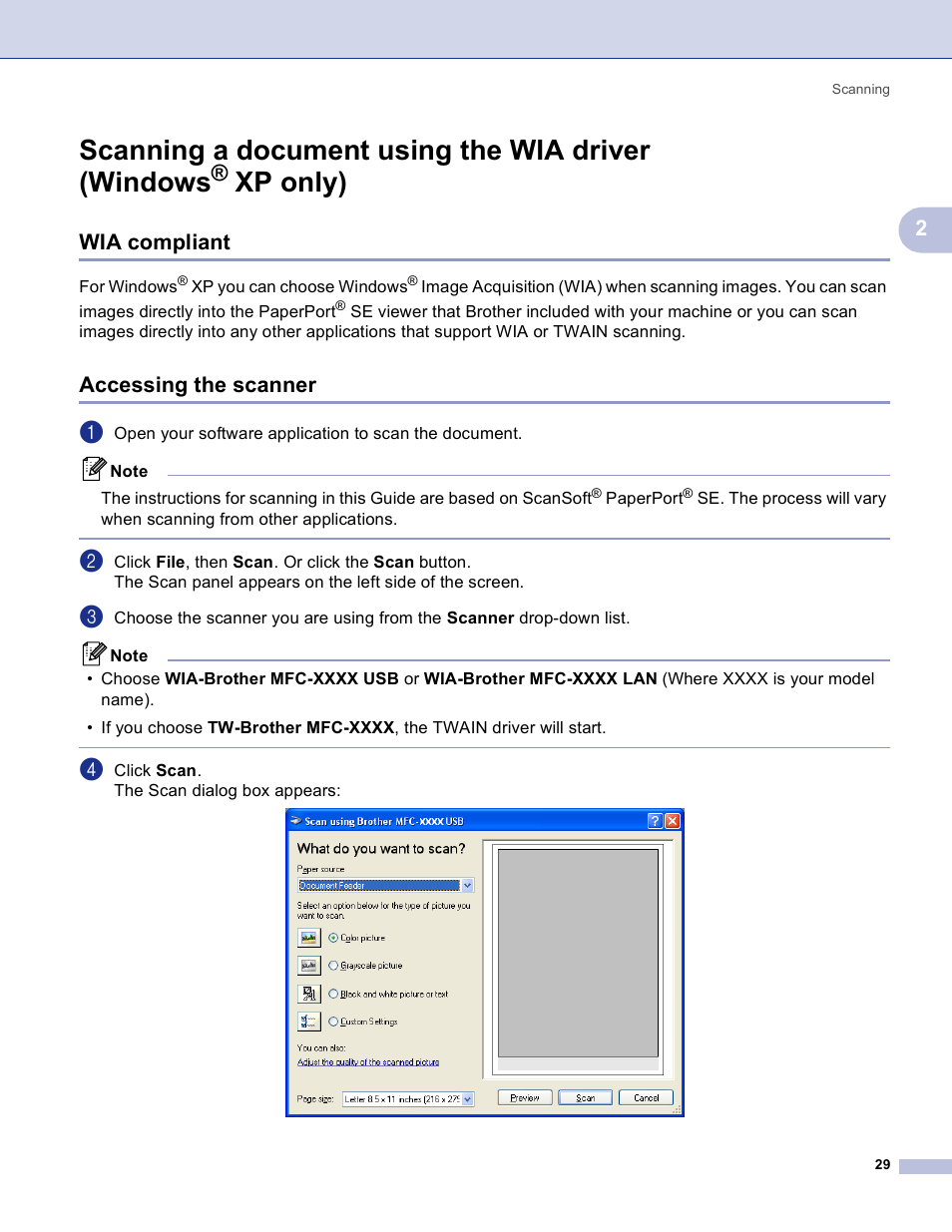 Wia compliant, Accessing the scanner, Scanning a document using the wia driver (windows | Xp only), Wia compliant accessing the scanner, Scanning a document using the wia driver, Windows | Brother MFC-3360C User Manual | Page 35 / 155