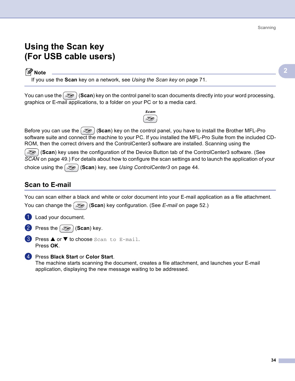 Using the scan key (for usb cable users), Scan to e-mail | Brother MFC-3360C User Manual | Page 40 / 155