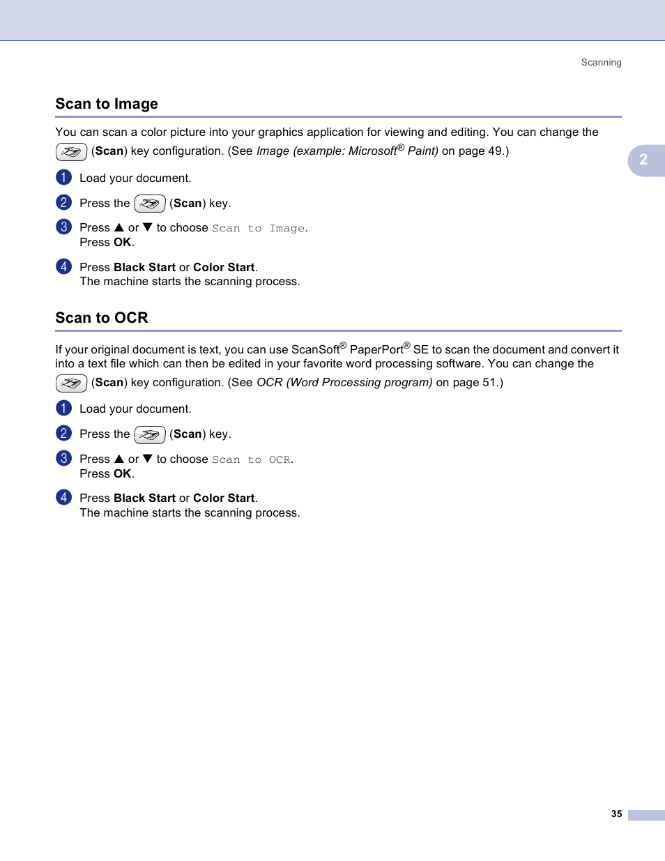 Scan to image, Scan to ocr, Scan to image scan to ocr | 2scan to image | Brother MFC-3360C User Manual | Page 41 / 155