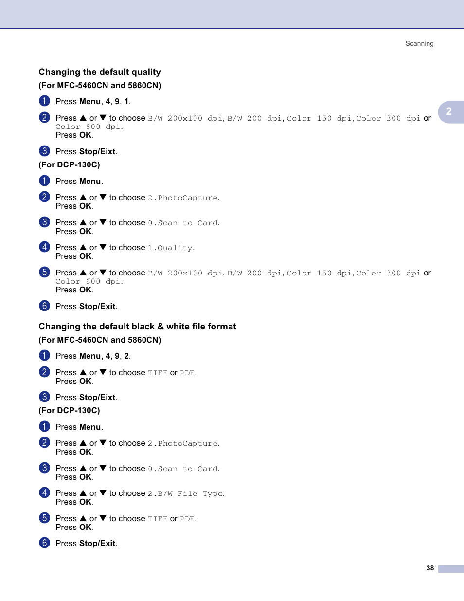 Changing the default quality, Changing the default black & white file format | Brother MFC-3360C User Manual | Page 44 / 155