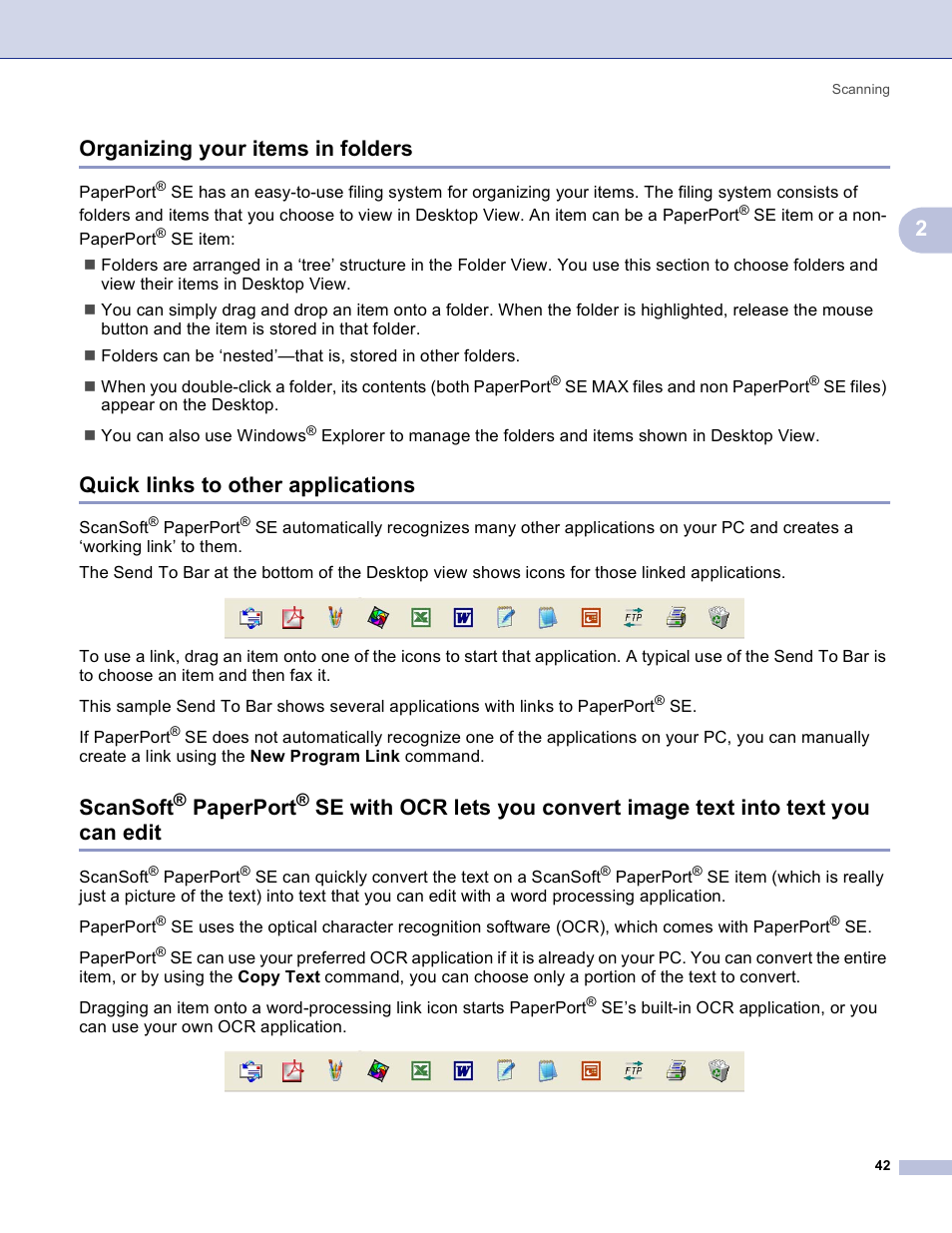 Organizing your items in folders, Quick links to other applications, Paperport | 2organizing your items in folders, Scansoft | Brother MFC-3360C User Manual | Page 48 / 155