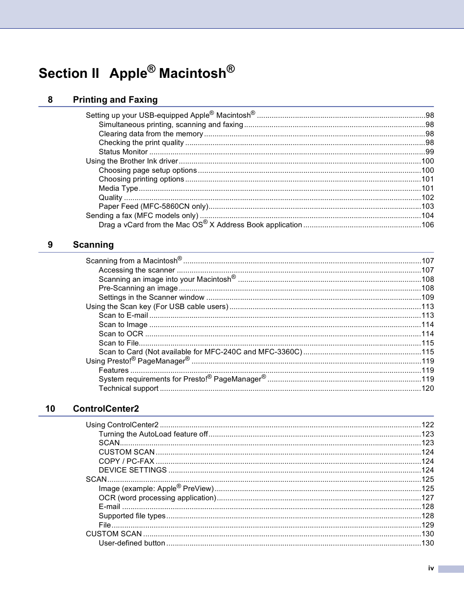 Macintosh | Brother MFC-3360C User Manual | Page 5 / 155
