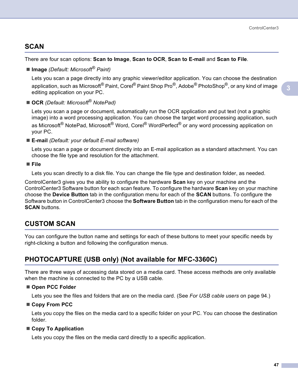 Scan, Custom scan, 3scan | Brother MFC-3360C User Manual | Page 53 / 155