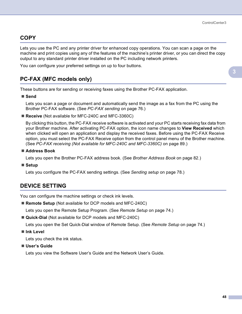 Copy, Pc-fax (mfc models only), Device setting | Copy pc-fax (mfc models only) device setting, 3copy | Brother MFC-3360C User Manual | Page 54 / 155