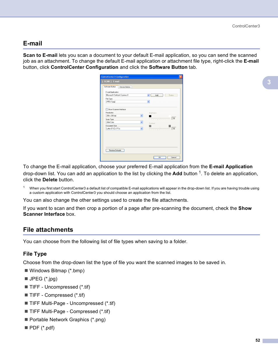 E-mail, File attachments, File type | E-mail file attachments, 3e-mail | Brother MFC-3360C User Manual | Page 58 / 155