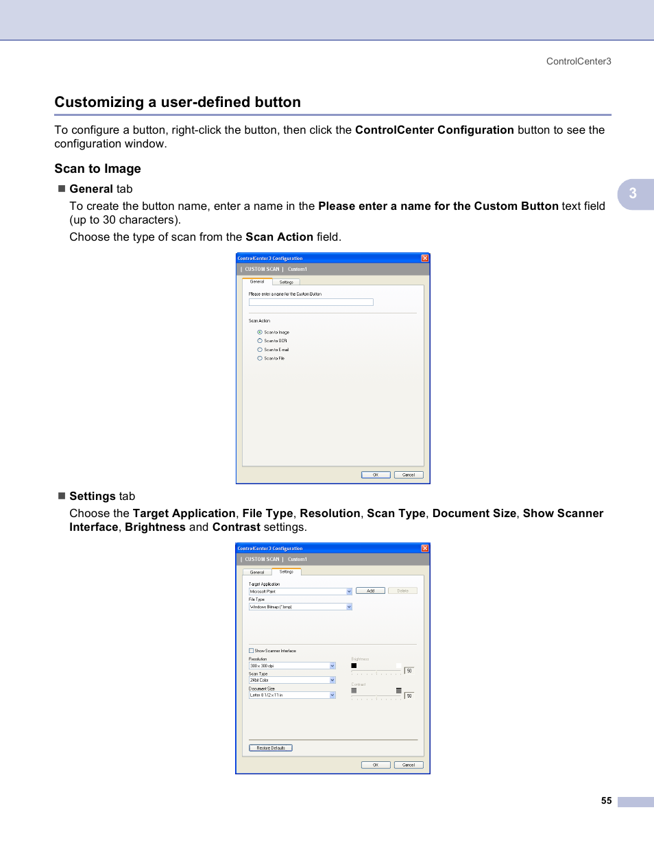 Customizing a user-defined button, Scan to image, 3customizing a user-defined button | Brother MFC-3360C User Manual | Page 61 / 155