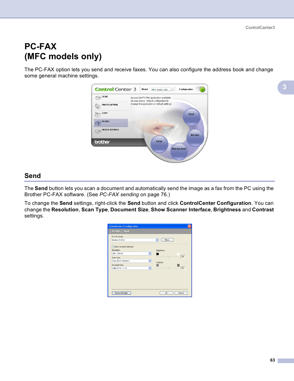 Pc-fax (mfc models only), Send | Brother MFC-3360C User Manual | Page 69 / 155