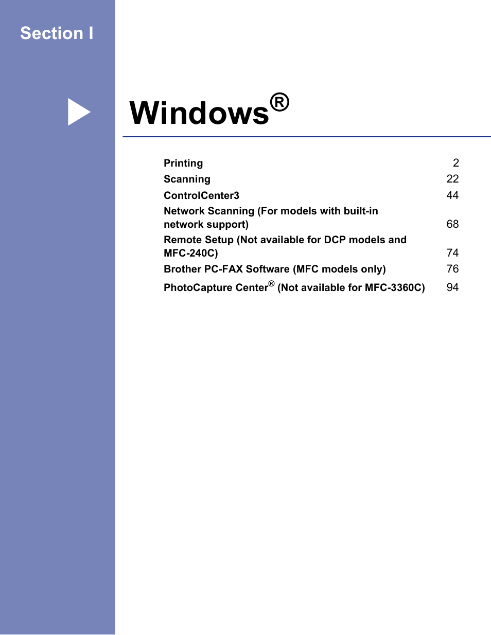 Windows, Section i windows | Brother MFC-3360C User Manual | Page 7 / 155