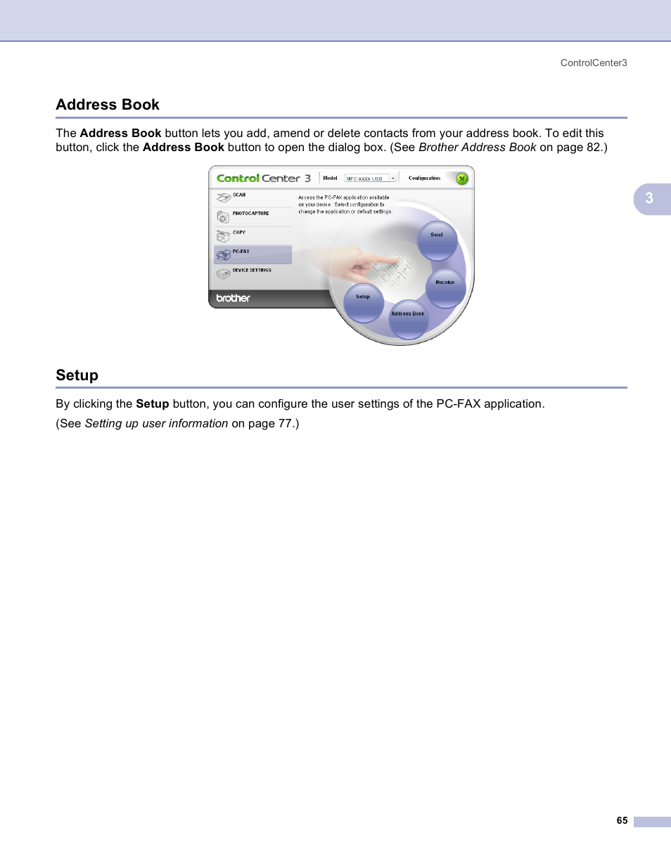 Address book, Setup, Address book setup | 3address book | Brother MFC-3360C User Manual | Page 71 / 155