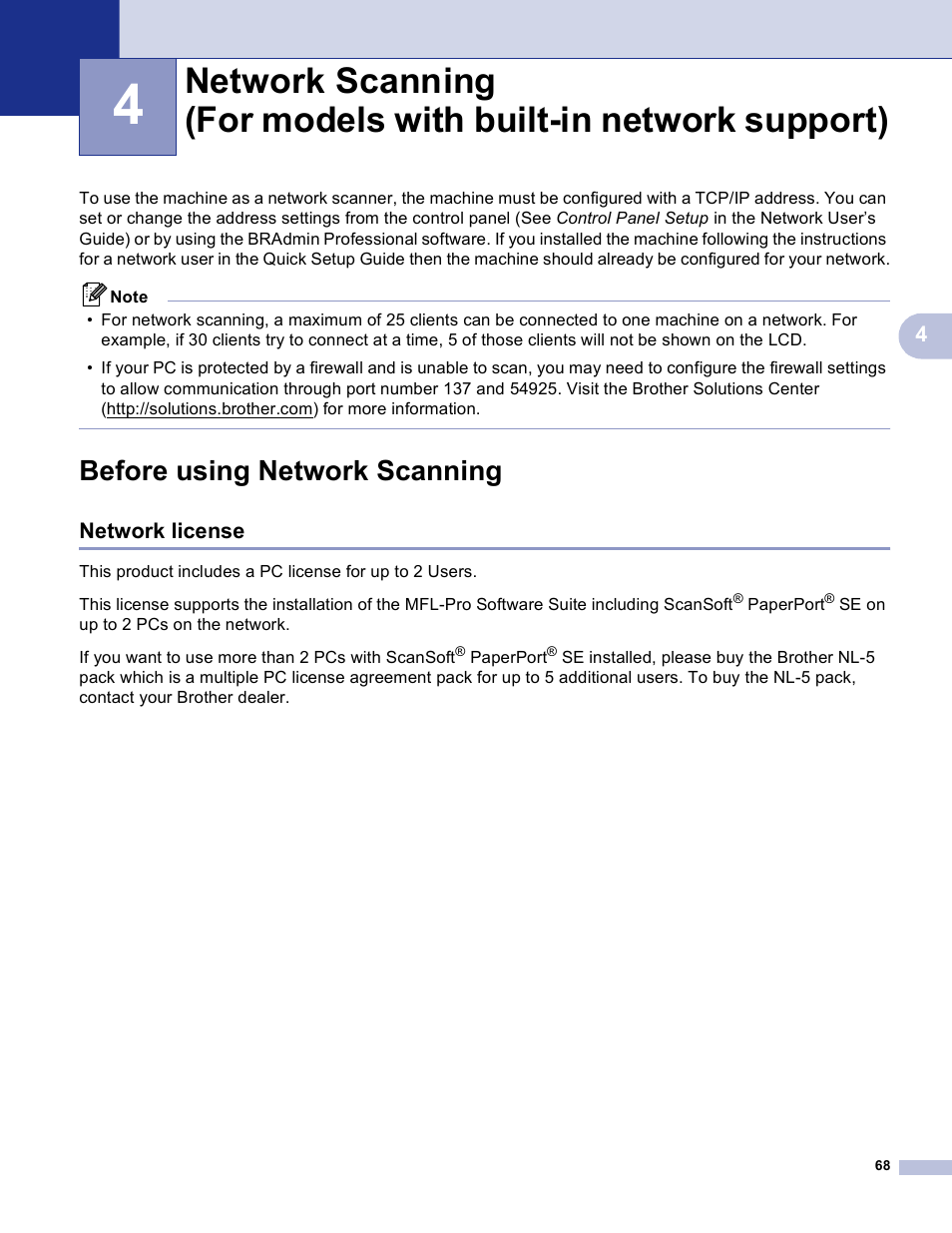 Before using network scanning, Network license | Brother MFC-3360C User Manual | Page 74 / 155