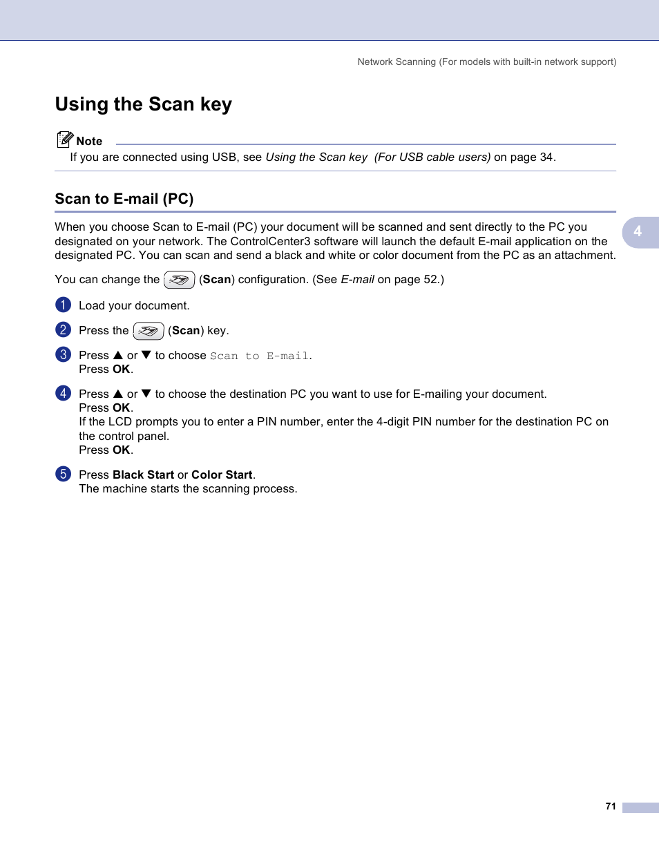 Using the scan key, Scan to e-mail (pc) | Brother MFC-3360C User Manual | Page 77 / 155