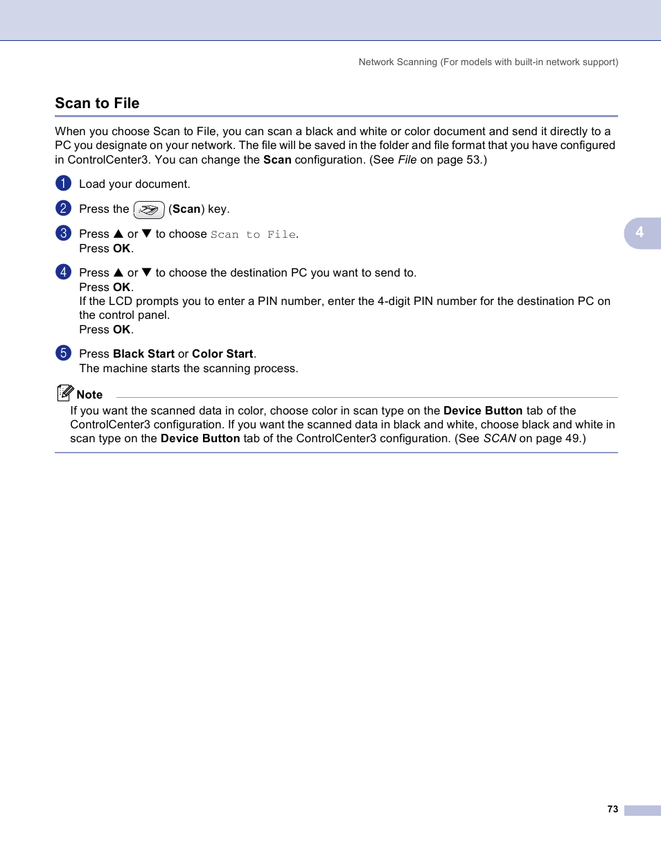 Scan to file, 4scan to file | Brother MFC-3360C User Manual | Page 79 / 155