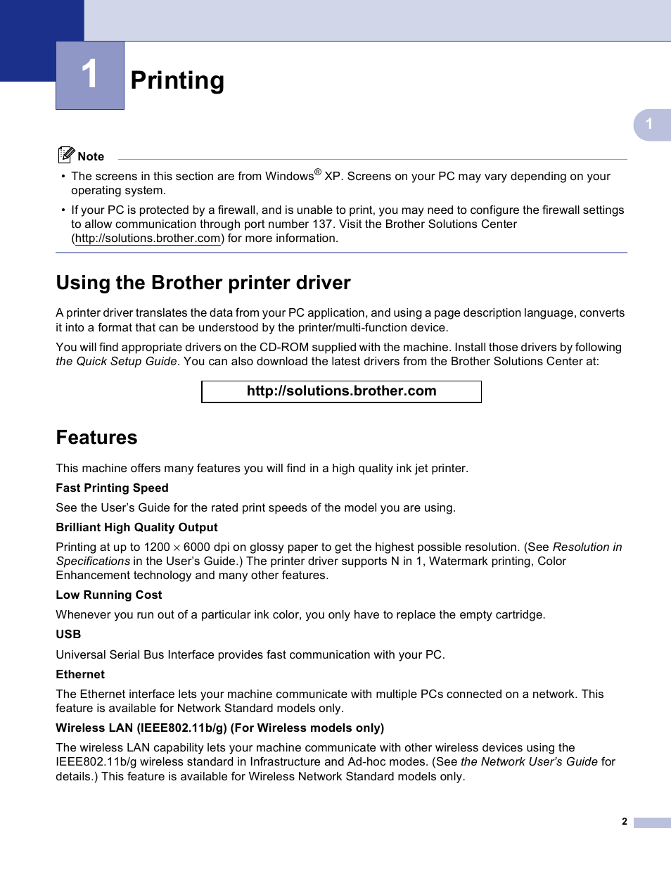 1 printing, Using the brother printer driver, Features | Printing, Using the brother printer driver features | Brother MFC-3360C User Manual | Page 8 / 155