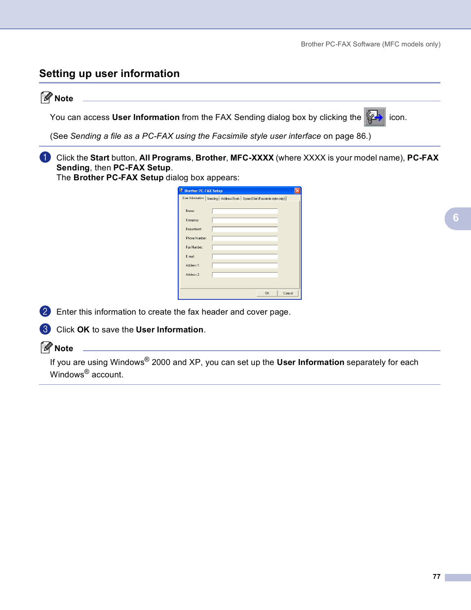 Setting up user information, 6setting up user information | Brother MFC-3360C User Manual | Page 83 / 155