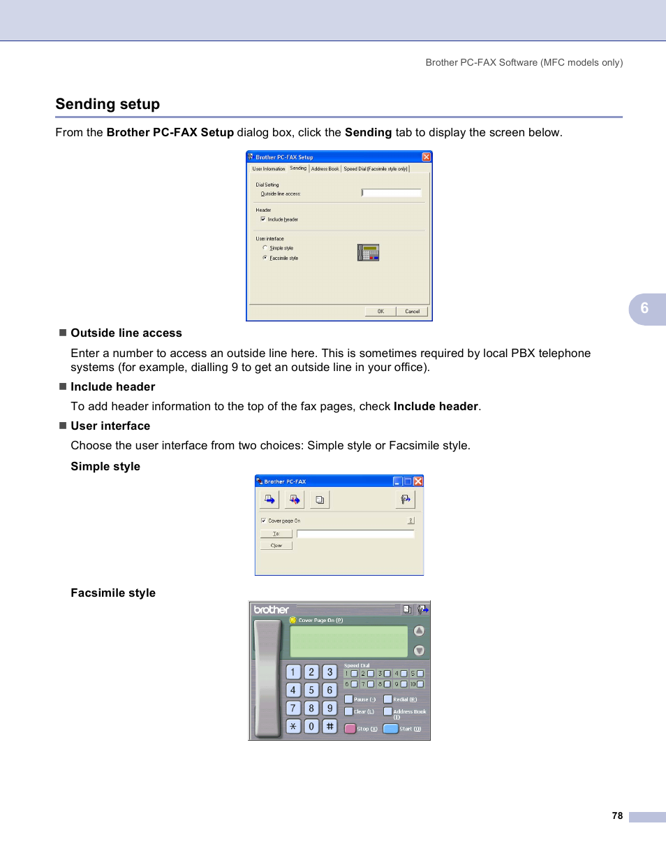 Sending setup, 6sending setup, Facsimile style | Brother MFC-3360C User Manual | Page 84 / 155