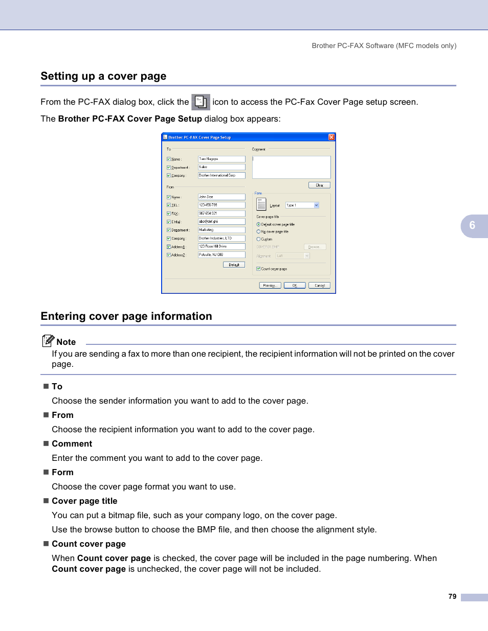 6setting up a cover page, Entering cover page information | Brother MFC-3360C User Manual | Page 85 / 155
