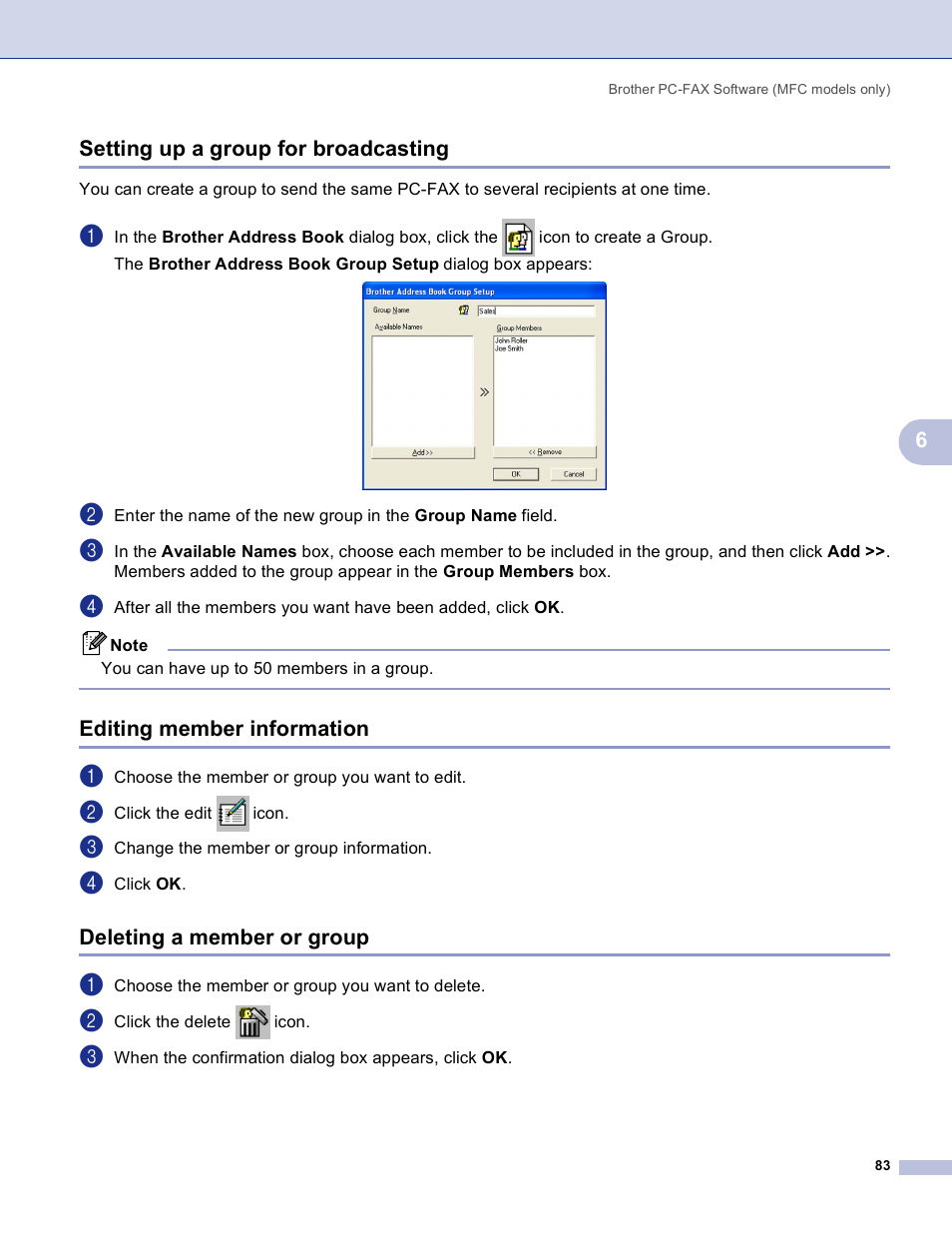 Setting up a group for broadcasting, Editing member information, Deleting a member or group | 6setting up a group for broadcasting | Brother MFC-3360C User Manual | Page 89 / 155