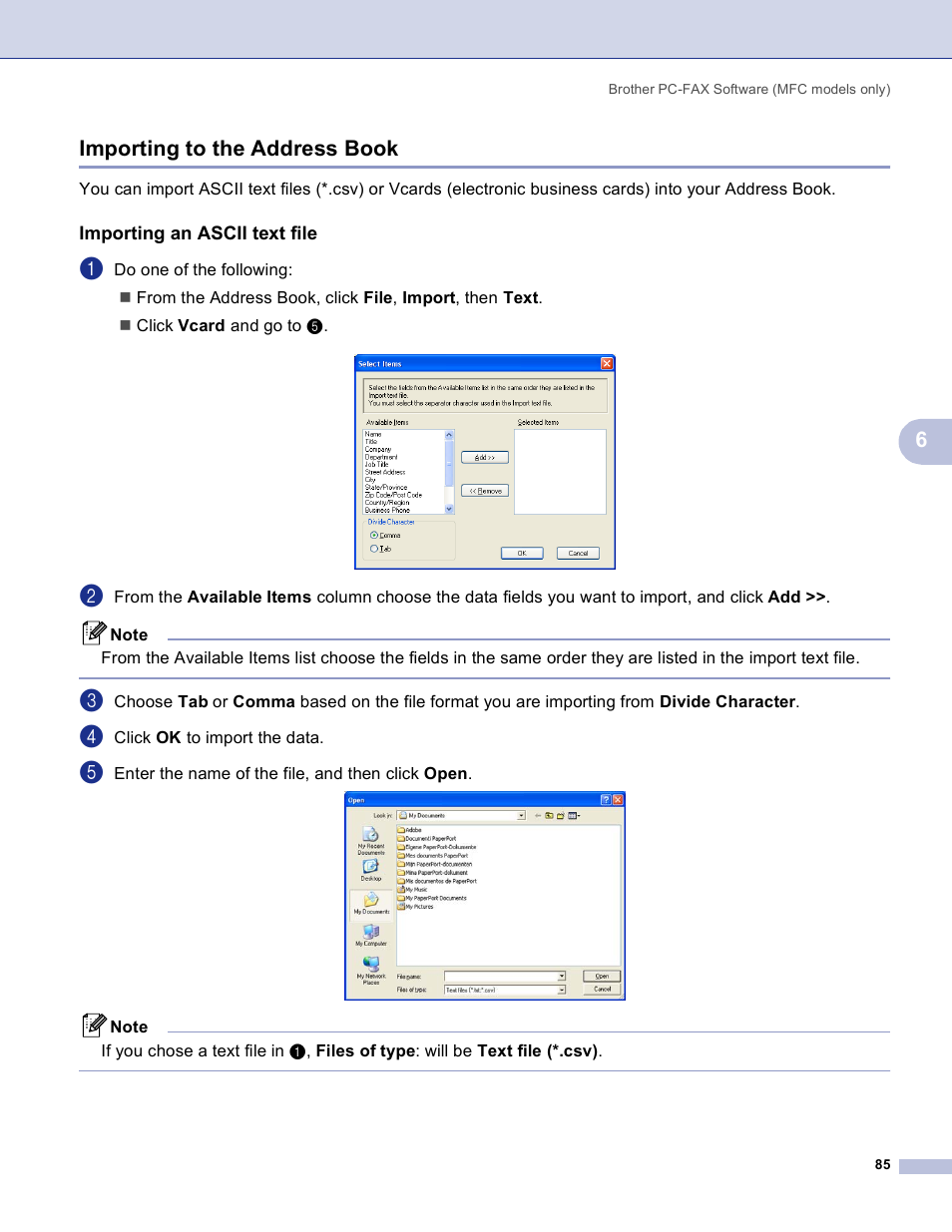 Importing to the address book, Importing an ascii text file, 6importing to the address book | Brother MFC-3360C User Manual | Page 91 / 155