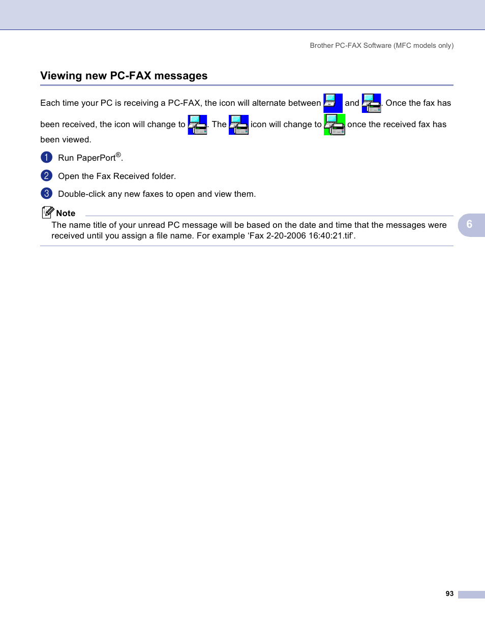 Viewing new pc-fax messages, 6viewing new pc-fax messages | Brother MFC-3360C User Manual | Page 99 / 155