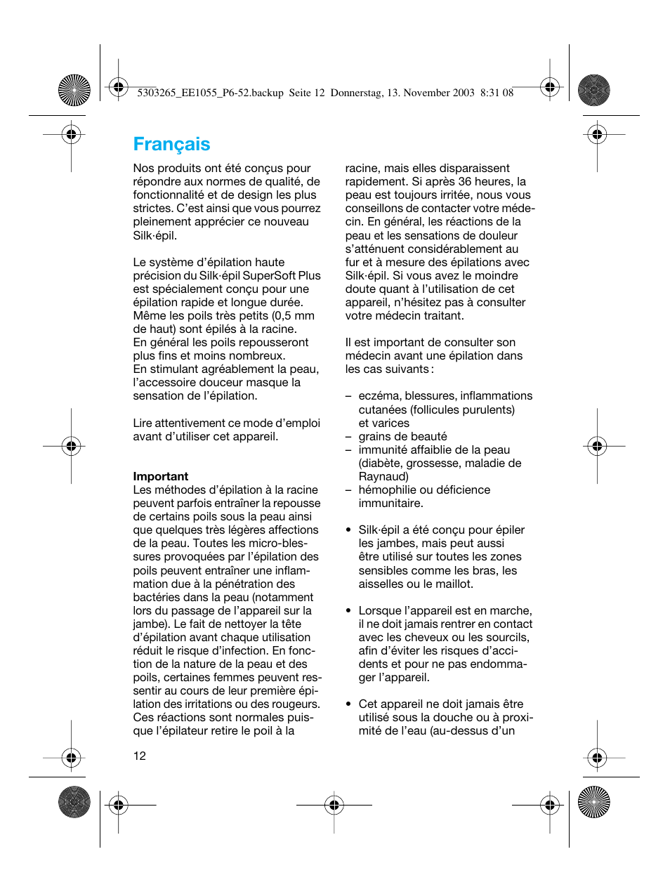 Français | Braun EE1020 Silk-épil SuperSoft User Manual | Page 11 / 47