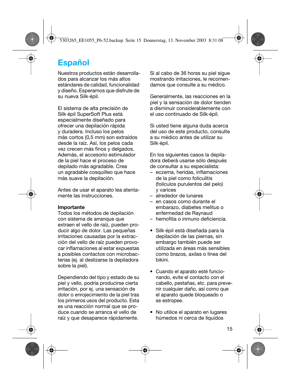 Español | Braun EE1020 Silk-épil SuperSoft User Manual | Page 14 / 47