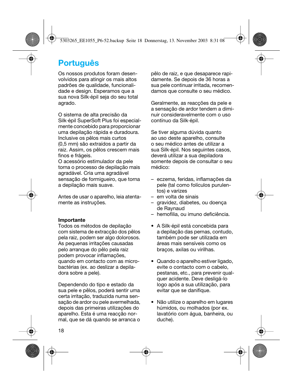 Português | Braun EE1020 Silk-épil SuperSoft User Manual | Page 17 / 47