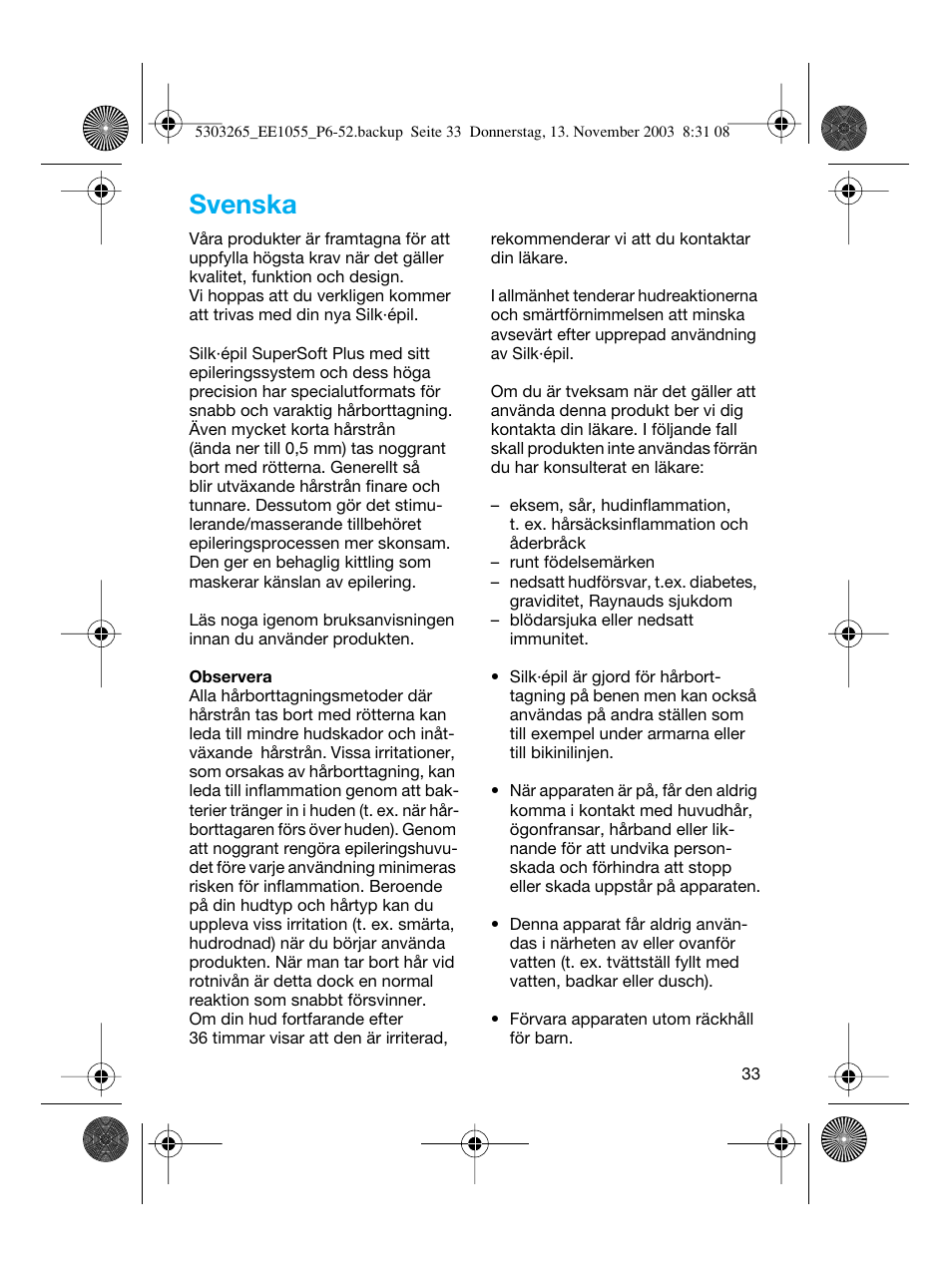 Svenska | Braun EE1020 Silk-épil SuperSoft User Manual | Page 32 / 47