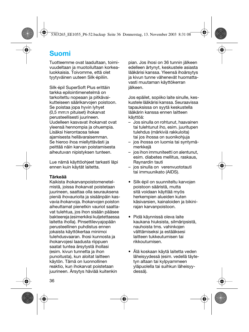 Suomi | Braun EE1020 Silk-épil SuperSoft User Manual | Page 35 / 47