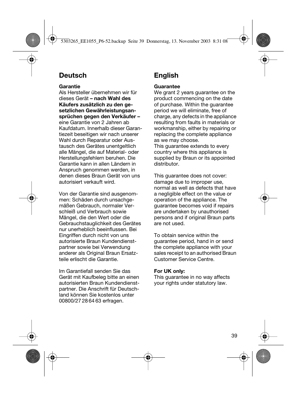 Deutsch, English | Braun EE1020 Silk-épil SuperSoft User Manual | Page 38 / 47