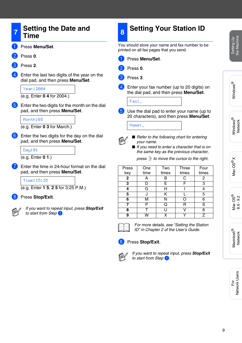 7 setting the date and time, 8 setting your station id, Setting the date and time | Setting your station id, 7setting the date and time, 8setting your station id | Brother MFC 210C User Manual | Page 11 / 37