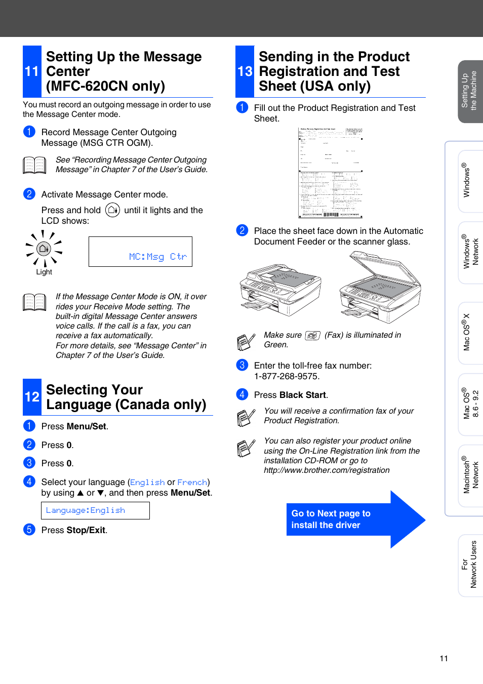 11 setting up the message center (mfc-620cn only), 12 selecting your language (canada only) | Brother MFC 210C User Manual | Page 13 / 37
