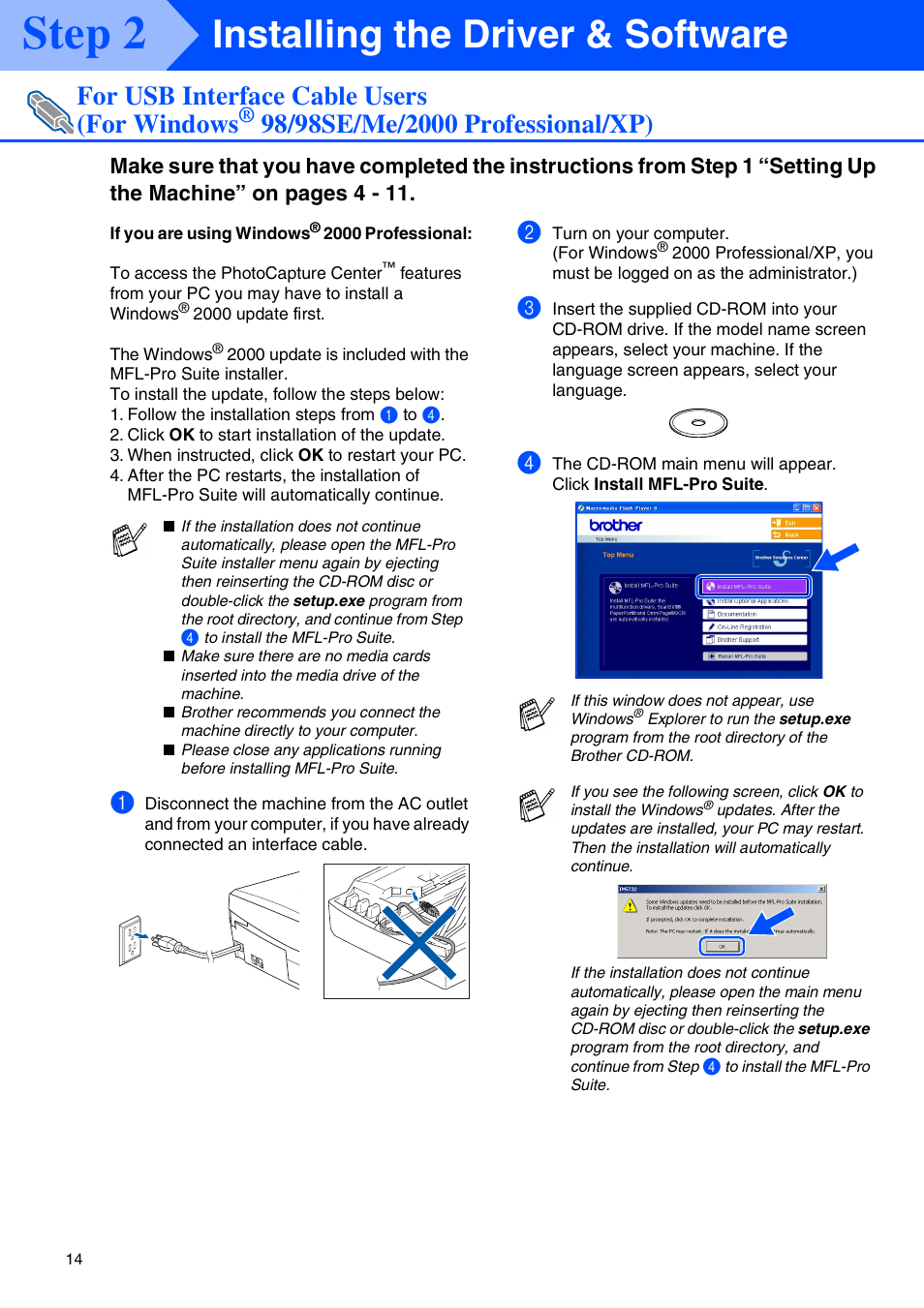 For usb interface cable users, For windows, 98/98se/me/2000 professional/xp | For usb interface cable users ■ windows, Step 2, Installing the driver & software, For usb interface cable users (for windows | Brother MFC 210C User Manual | Page 16 / 37