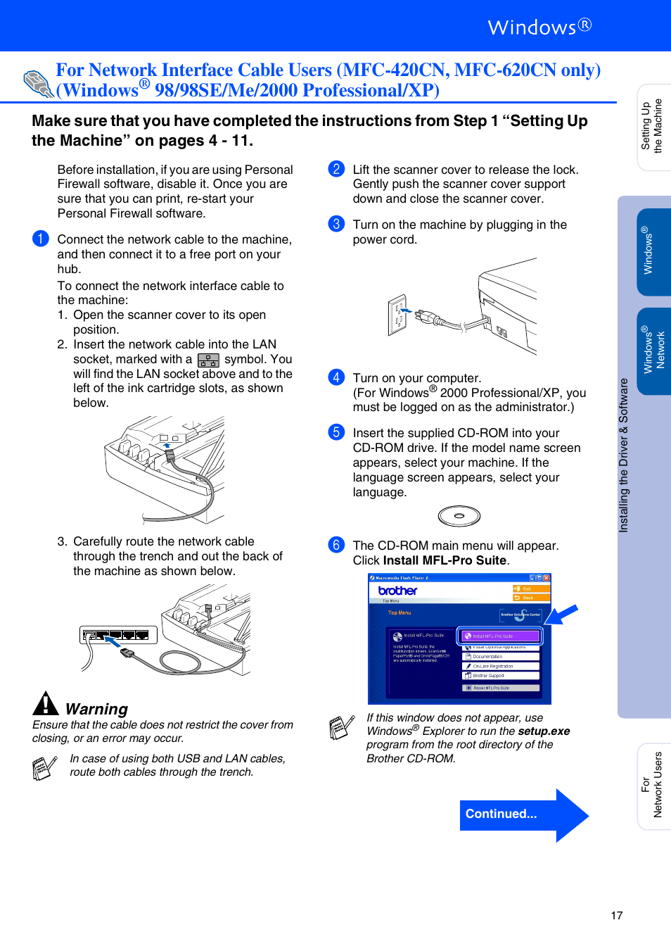 For windows, 98/98se/me/2000 professional/xp, Warning | Brother MFC 210C User Manual | Page 19 / 37