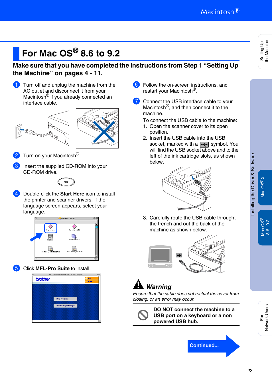 For mac os® 8.6 to 9.2, For mac os, 6 to 9.2 | For usb interface cable users ■ mac os, Warning | Brother MFC 210C User Manual | Page 25 / 37