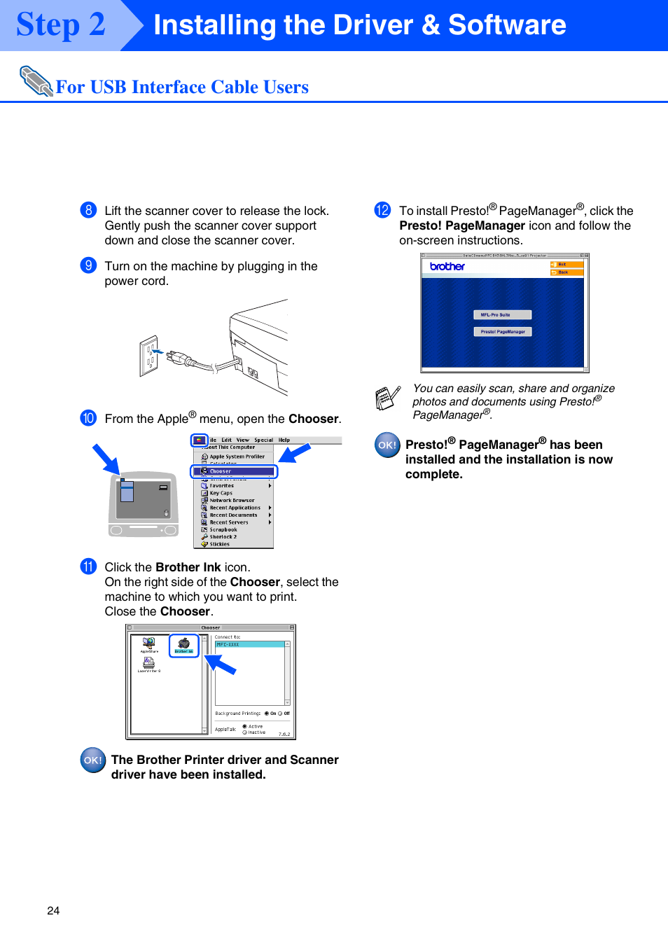 Step 2, Installing the driver & software, For usb interface cable users | Brother MFC 210C User Manual | Page 26 / 37