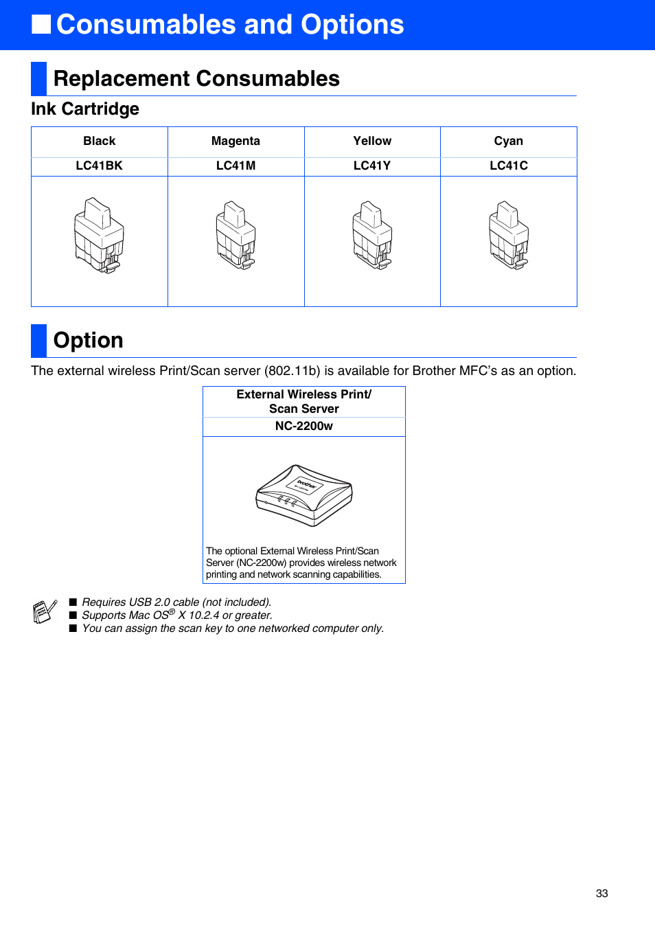 Consumables and options, Replacement consumables, Option | Replacement consumables option, Ink cartridge | Brother MFC 210C User Manual | Page 35 / 37