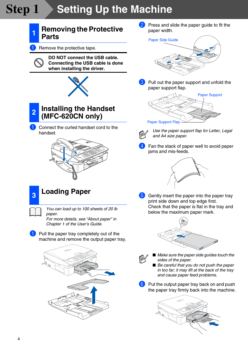 Step1 setting up the machine, 1 removing the protective parts, 2 installing the handset (mfc-620cn only) | 3 loading paper, Setting up the machine, Removing the protective parts, Installing the handset (mfc-620cn only), Loading paper, Step 1 | Brother MFC 210C User Manual | Page 6 / 37