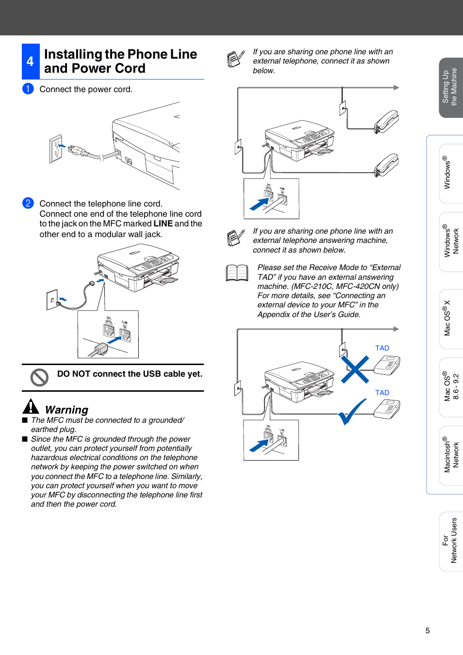 4 installing the phone line and power cord, Installing the phone line and power cord, 4installing the phone line and power cord | Warning | Brother MFC 210C User Manual | Page 7 / 37