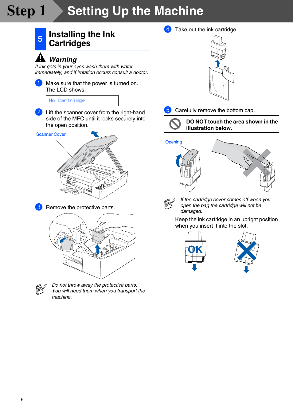 5 installing the ink cartridges, Installing the ink cartridges, Step 1 | Setting up the machine, 5installing the ink cartridges | Brother MFC 210C User Manual | Page 8 / 37