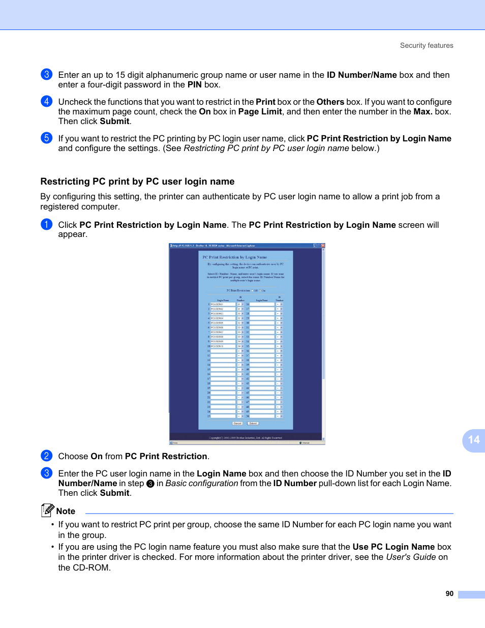 Restricting pc print by pc user login name | Brother HL-3075CW User Manual | Page 100 / 143