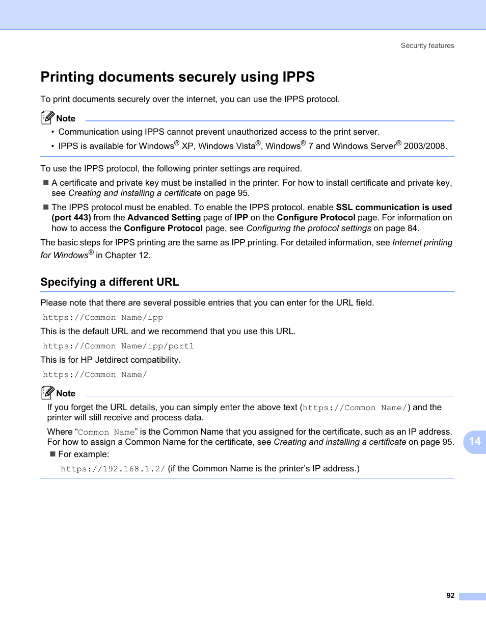 Printing documents securely using ipps, Specifying a different url | Brother HL-3075CW User Manual | Page 102 / 143