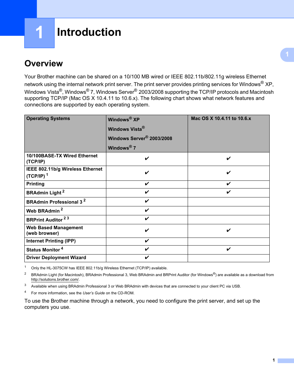 1 introduction, Overview, Introduction | Brother HL-3075CW User Manual | Page 11 / 143