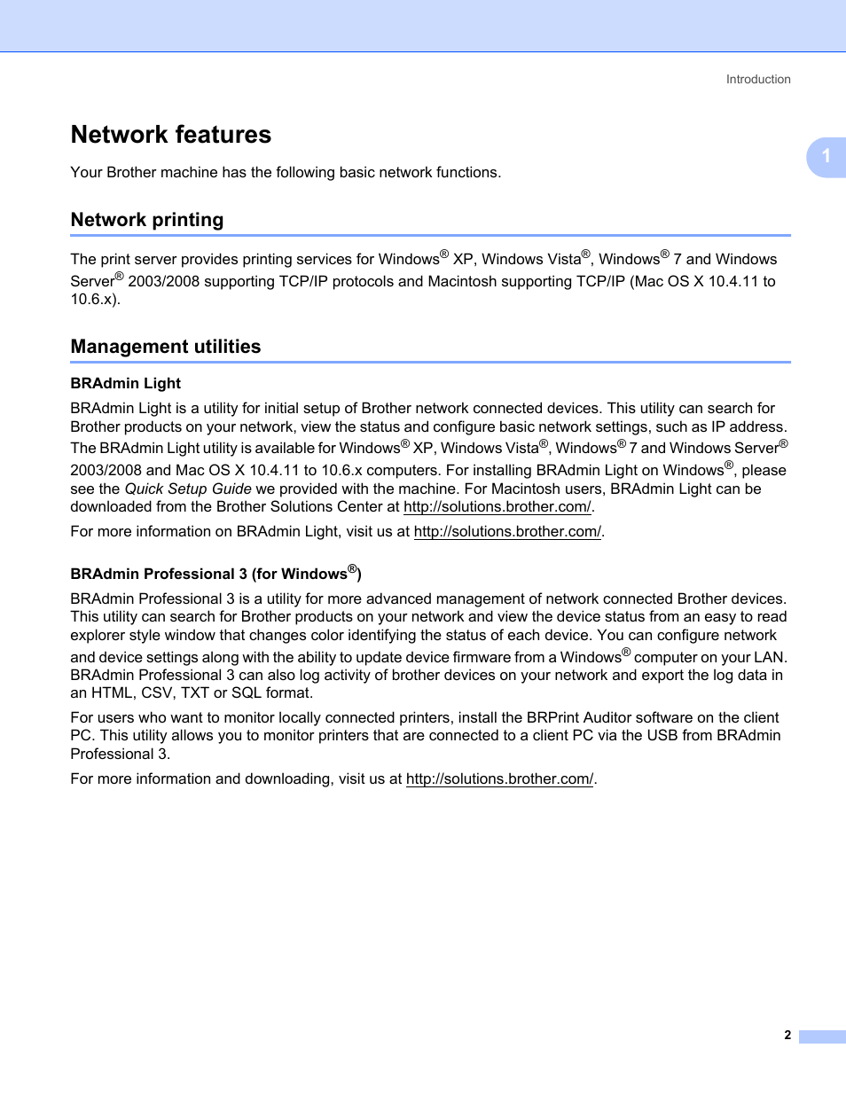 Network features, Network printing, Management utilities | Network printing management utilities | Brother HL-3075CW User Manual | Page 12 / 143
