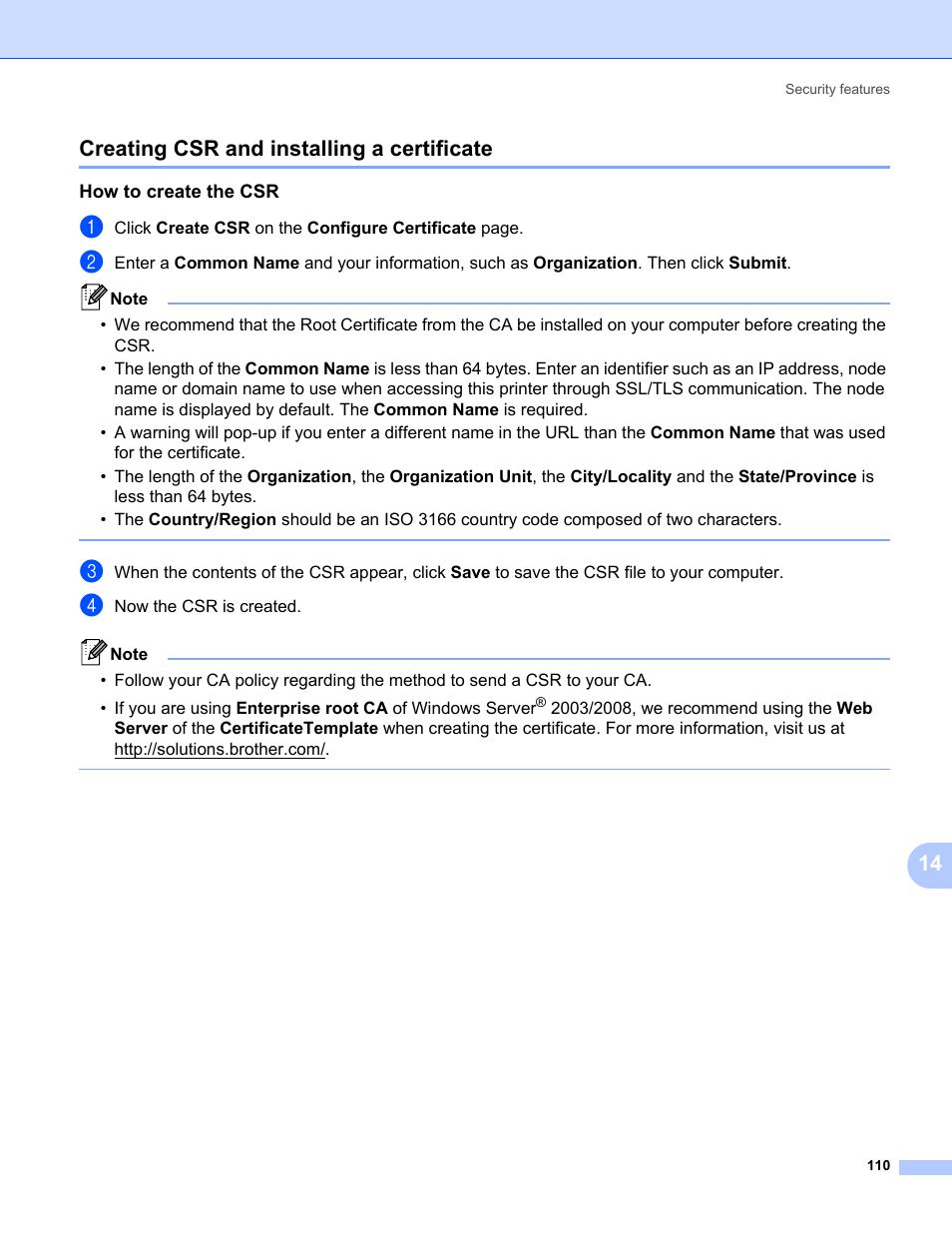 Creating csr and installing a certificate, How to create the csr, Creating csr and installing | 14 creating csr and installing a certificate | Brother HL-3075CW User Manual | Page 120 / 143