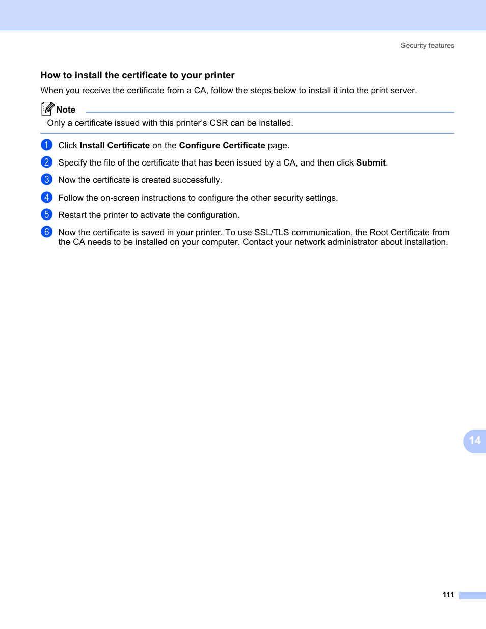 How to install the certificate to your printer | Brother HL-3075CW User Manual | Page 121 / 143