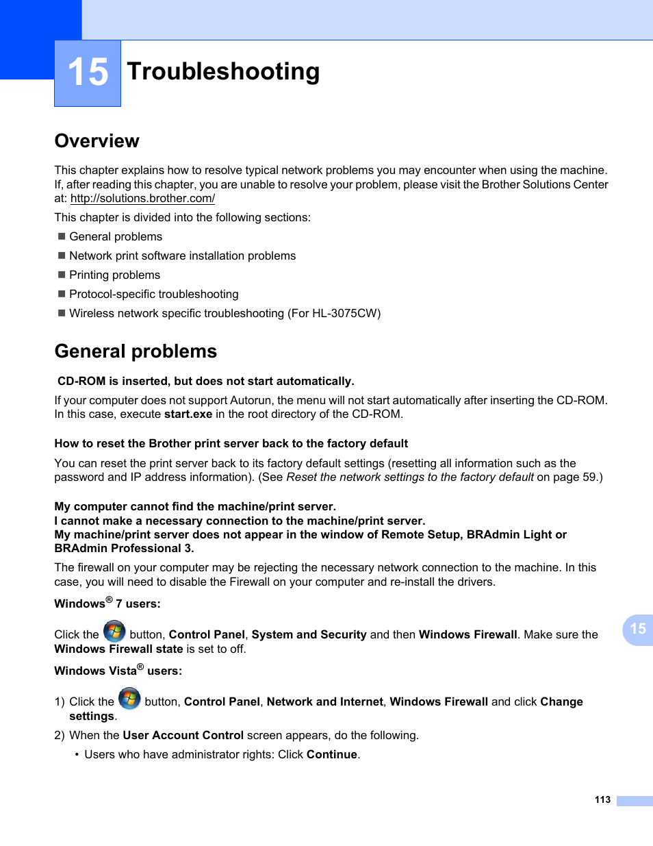 15 troubleshooting, Overview, General problems | Troubleshooting, Overview general problems | Brother HL-3075CW User Manual | Page 123 / 143