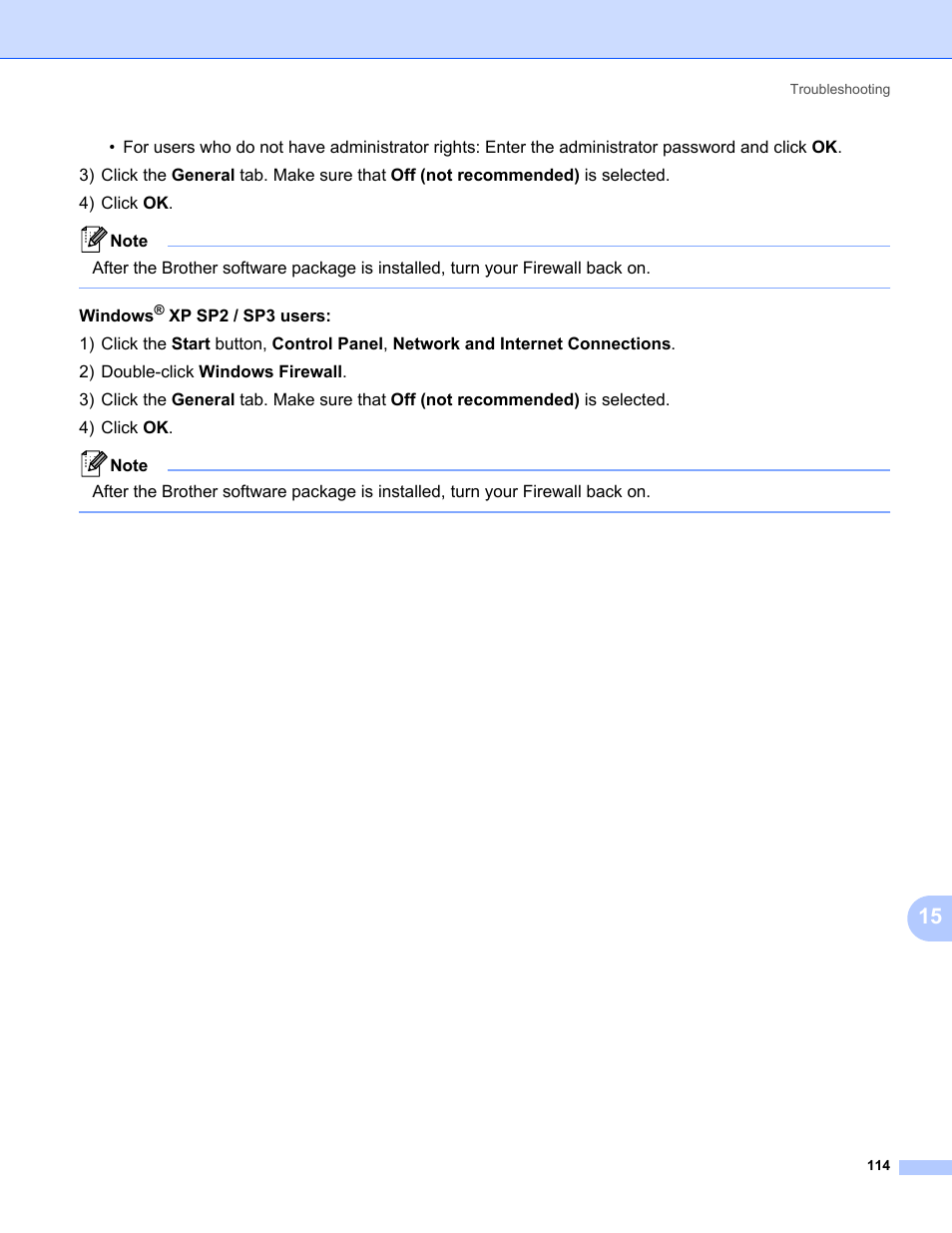 Windows, Xp sp2 / sp3 users | Brother HL-3075CW User Manual | Page 124 / 143