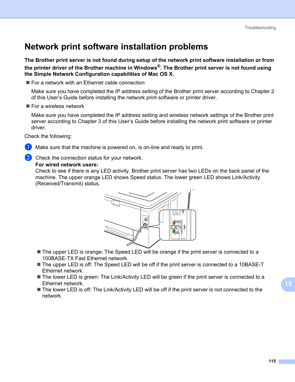 Network print software installation problems | Brother HL-3075CW User Manual | Page 125 / 143